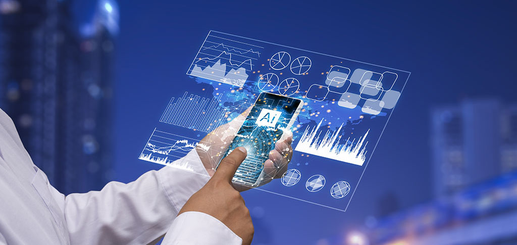 Future technology interface.Working with future technology called Ai (artificial intelligence) and businessmen use modern smart phone connect data to communicate around the world through the network
